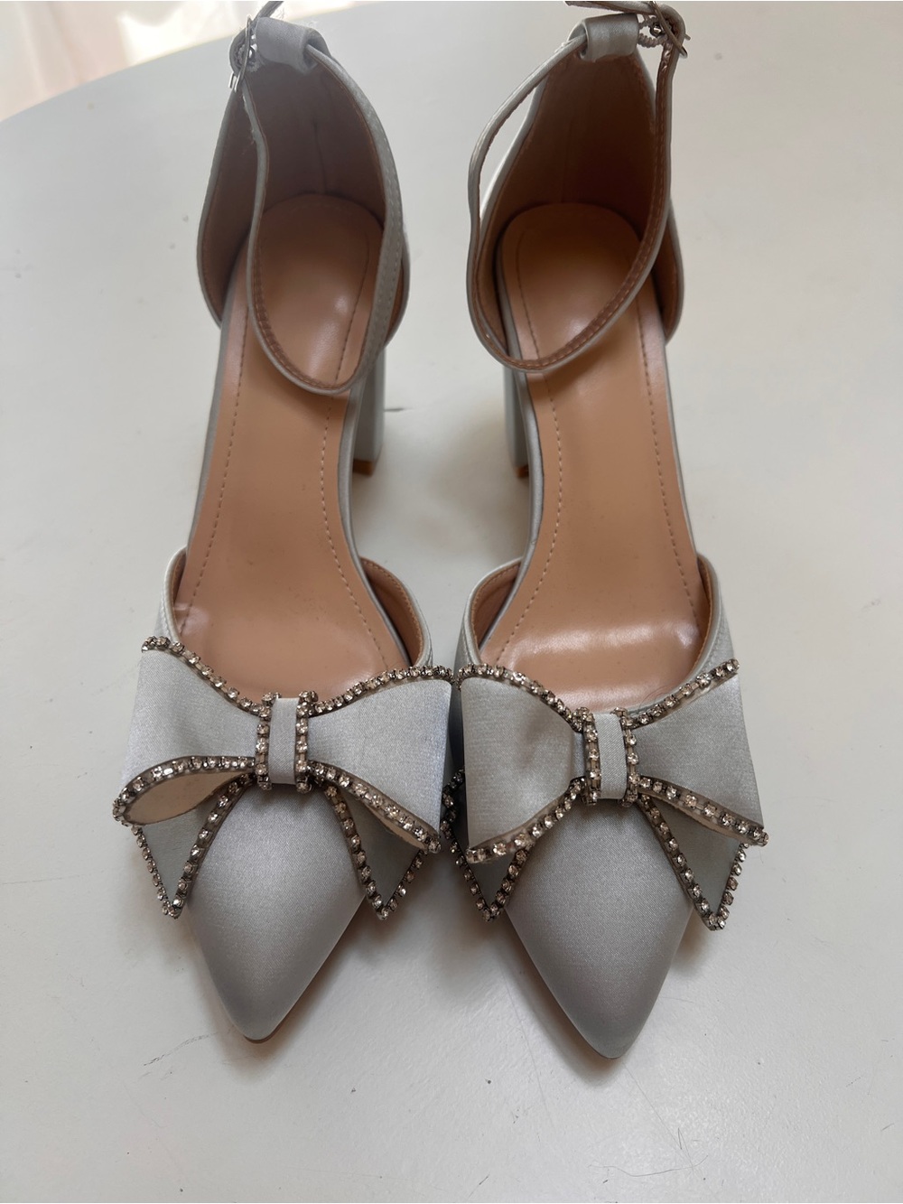 Crystal Bow Pointed-Toe Ankle-Strap Heels in Silver, Sz 40